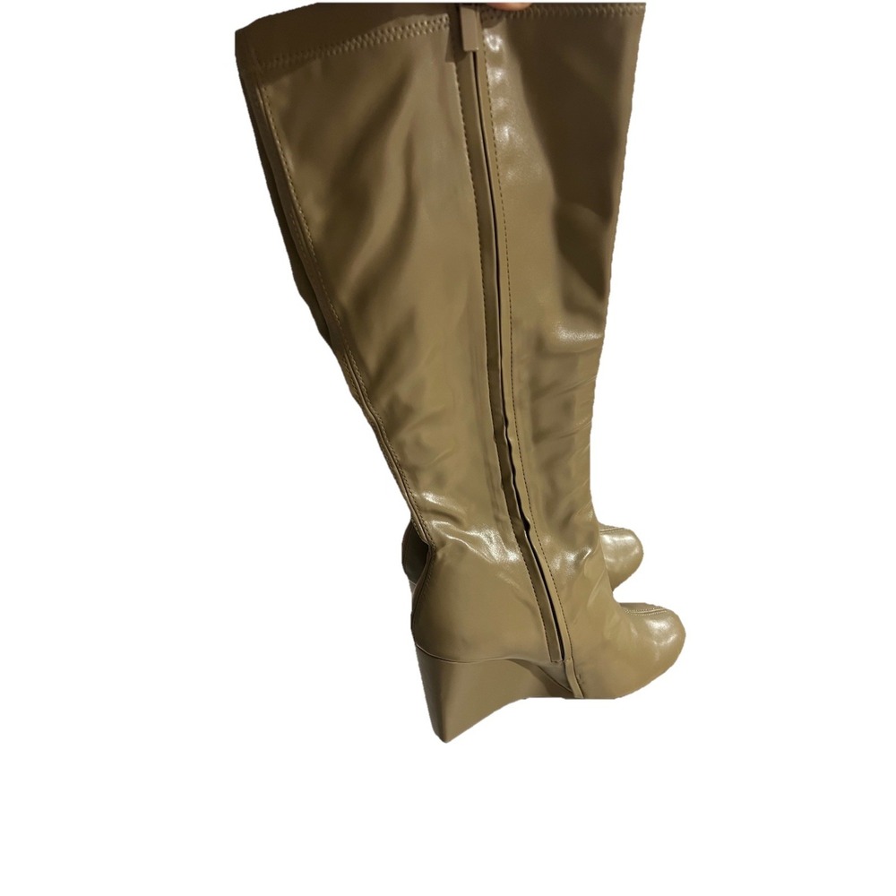 3N5/ZARA Beige Knee High Wedge Boots Faux Leather Round Toe Zip Size 38 - Picture 5 of 6